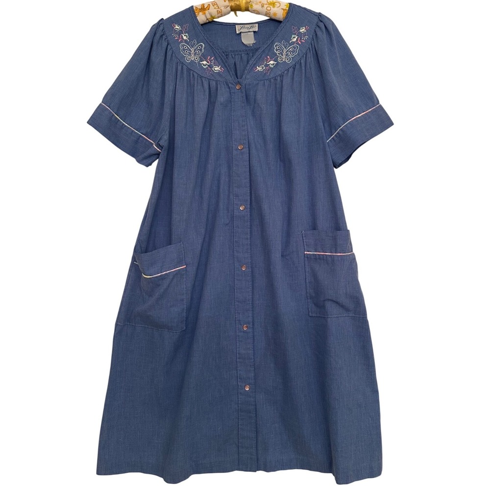 Leisure Life House Coat Robe Women's Sz L Blue Snap Butterflies Grannycore Retro